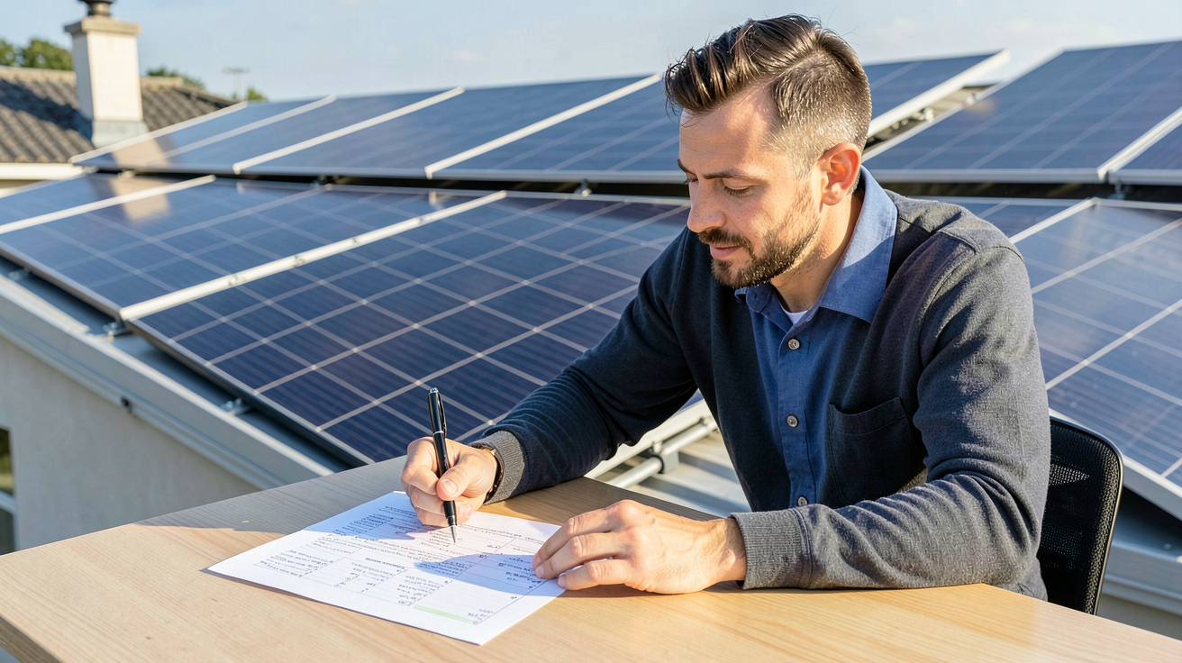 test achat panneaux photovoltaïques professionnel analysant un devis avec des panneaux solaires en arrière-plan