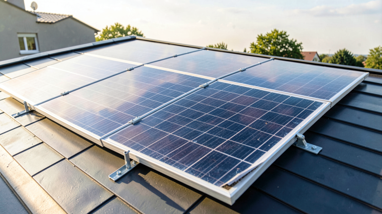 test achat panneaux photovoltaïques sur le toit d'une maison moderne avec des panneaux solaires bien alignés