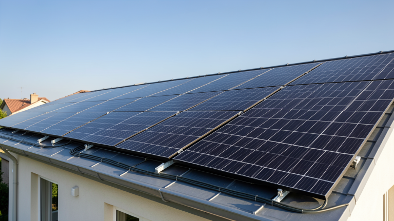 test achat photovoltaique : installation de panneaux solaires noirs sur le toit d'une maison