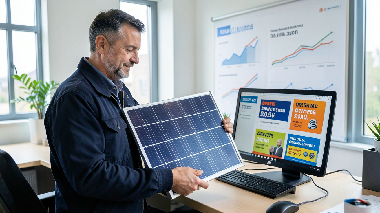 test achat photovoltaique montrant un installateur tenant un panneau solaire avec des graphiques de prix 2025 en arrière-plan