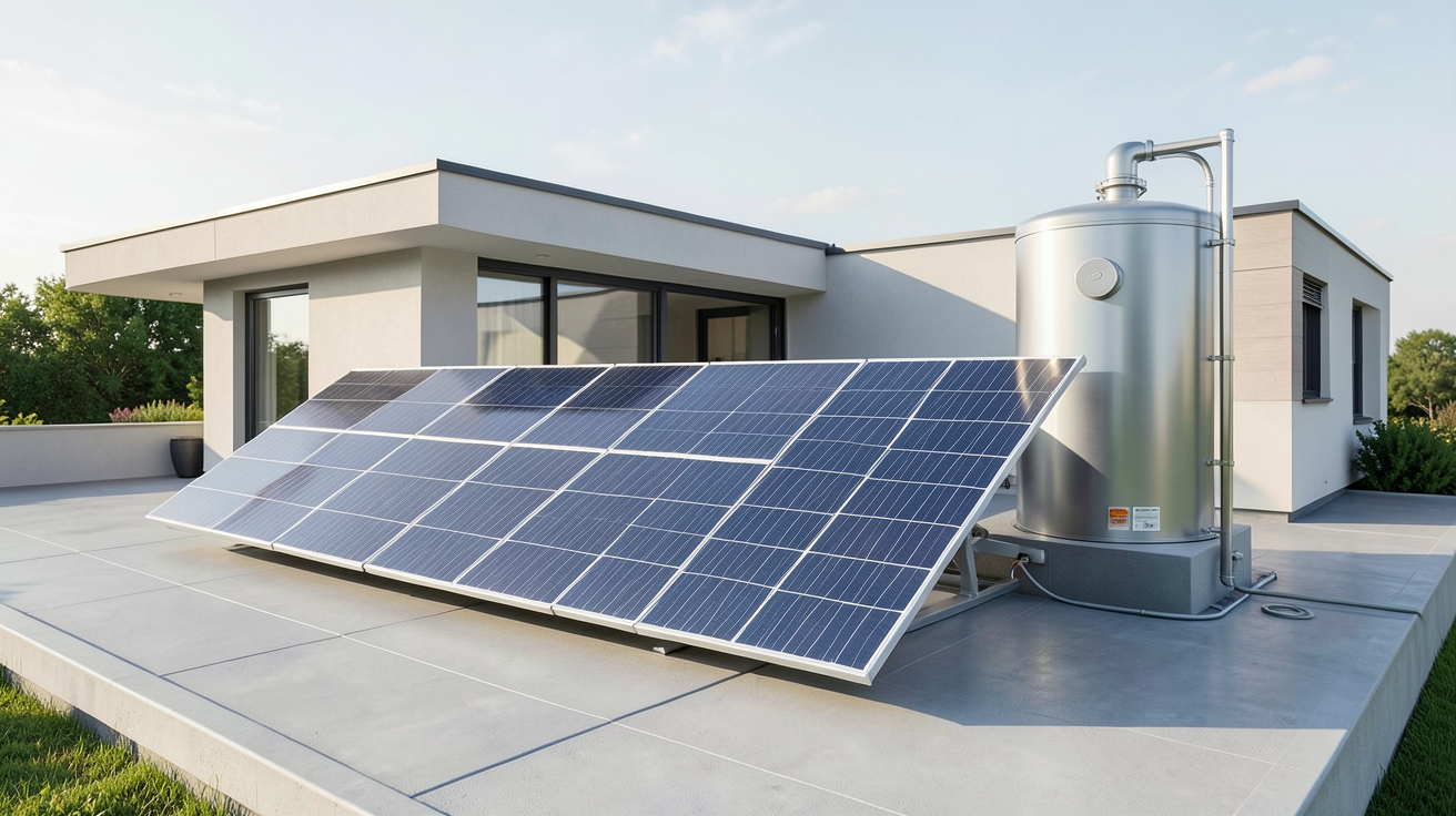 thermodynamique solaire : système de panneaux solaires thermiques et ballon de stockage sur un toit de maison moderne
