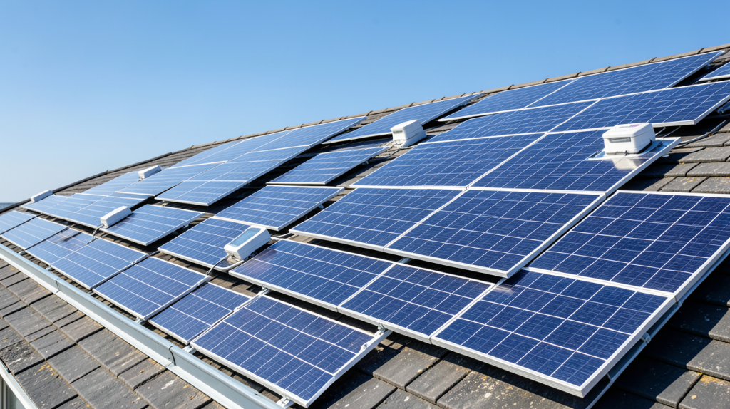 thermodynamique solaire montrant des panneaux solaires et des capteurs thermiques sur un toit en montagne sous une lumière naturelle brillante