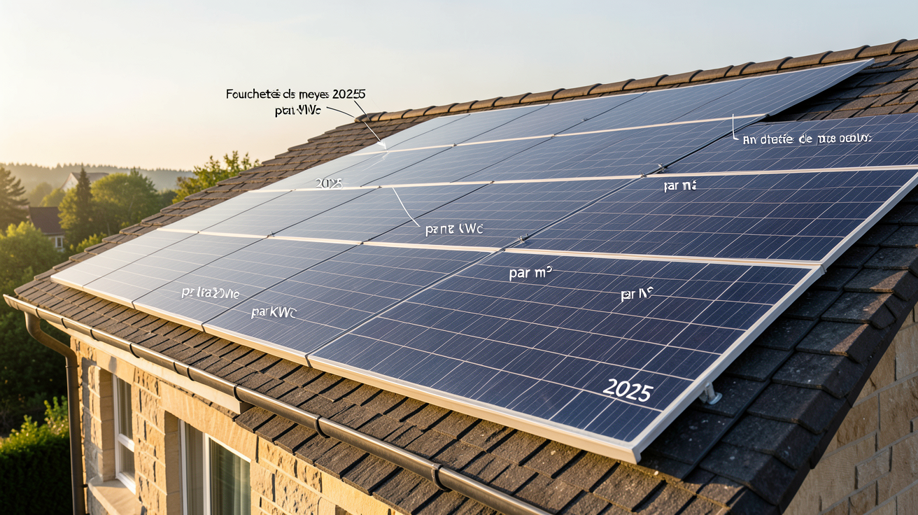 toit photovoltaïque avec panneaux solaires et annotations des fourchettes de prix moyens en 2025 par m² et par kWc