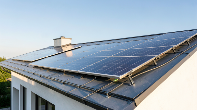 toit photovoltaïque installé sur une maison contemporaine avec panneaux solaires