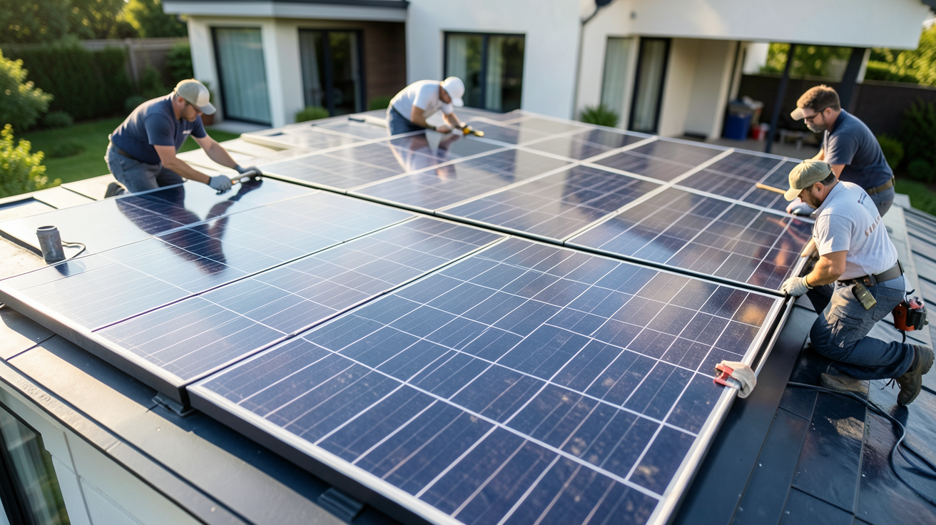toit solaire Tesla en cours d'installation par une équipe professionnelle dans le cadre d'un projet Solar Roof avec Prime Énergie Rénovation