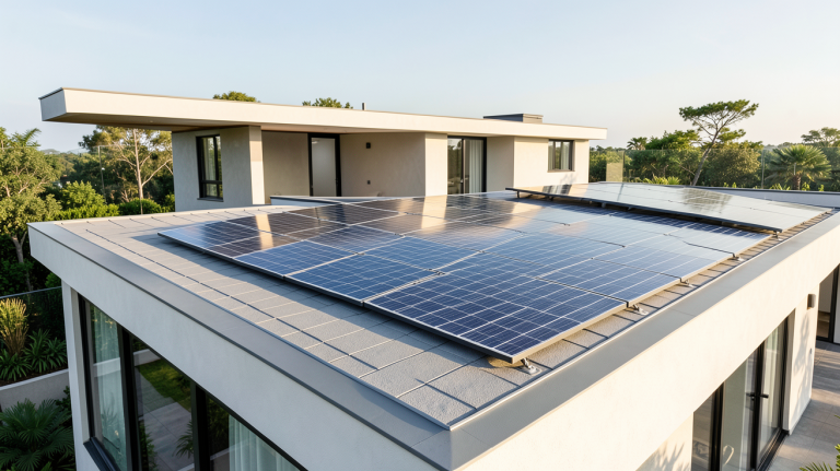 toit solaire tesla installé sur une maison moderne et luxueuse