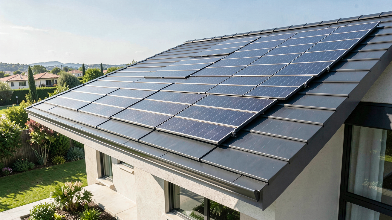 toit solaire composé de tuiles photovoltaïques intégrées de façon esthétique sur une maison contemporaine