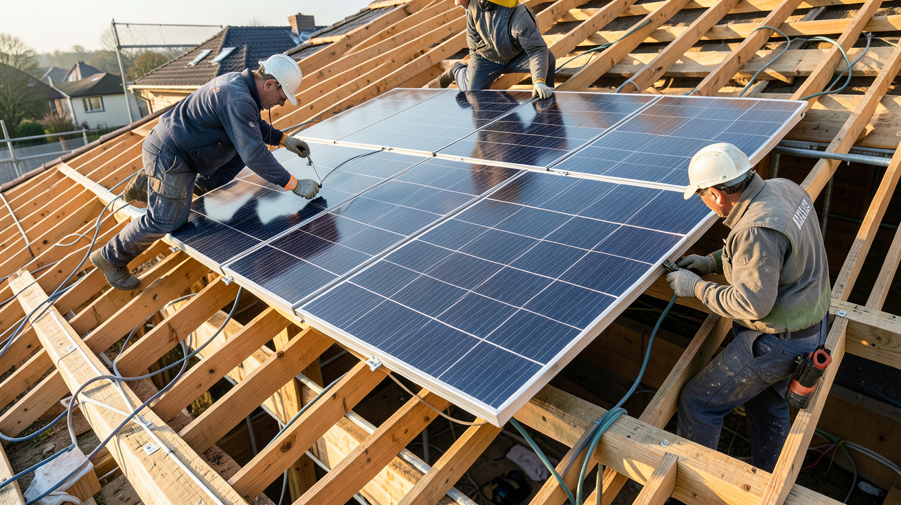 toiture en panneau solaire : étapes d'installation avec ouvriers posant les panneaux sur une charpente