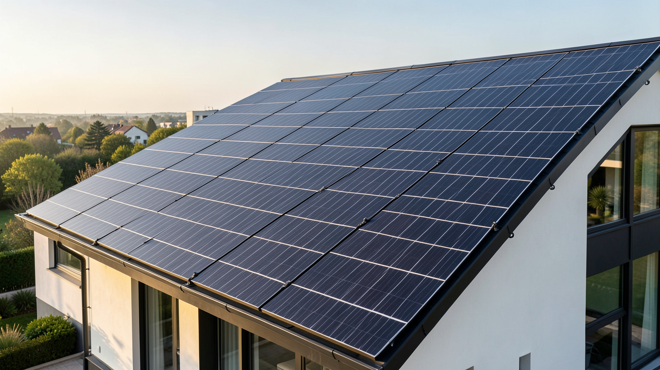 toiture en panneau solaire photovoltaïque noir installée sur une maison contemporaine