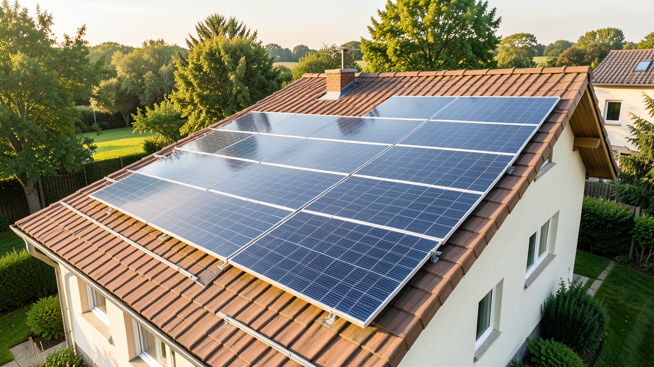 toiture panneau solaire installée sur une maison avec des aides financières 2026 visibles en arrière-plan
