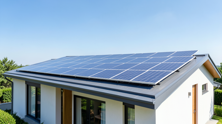toiture panneau solaire installée sur une maison moderne sous un ciel ensoleillé