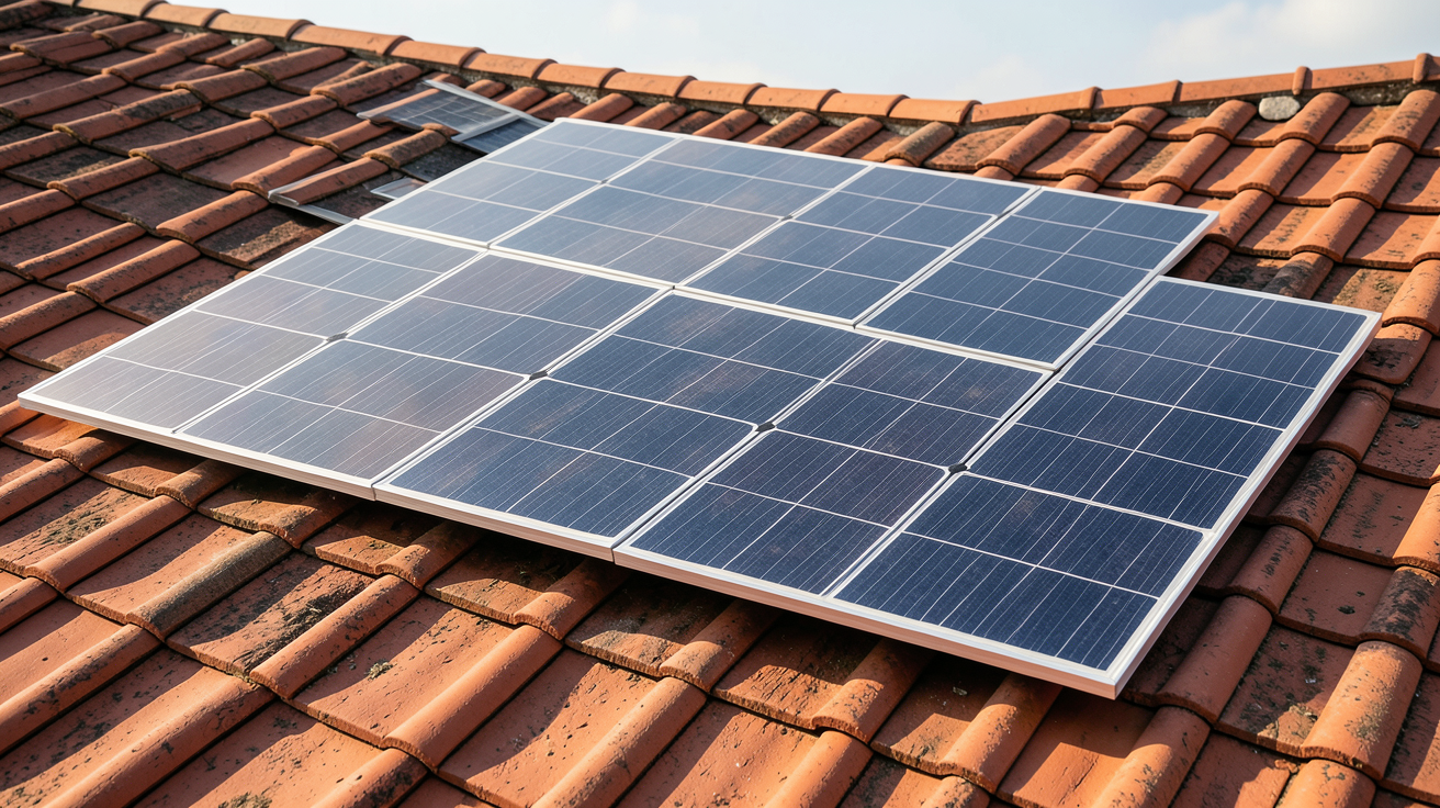 toiture avec panneaux solaires en surimposition et en intégration sur une maison en tuiles rouges
