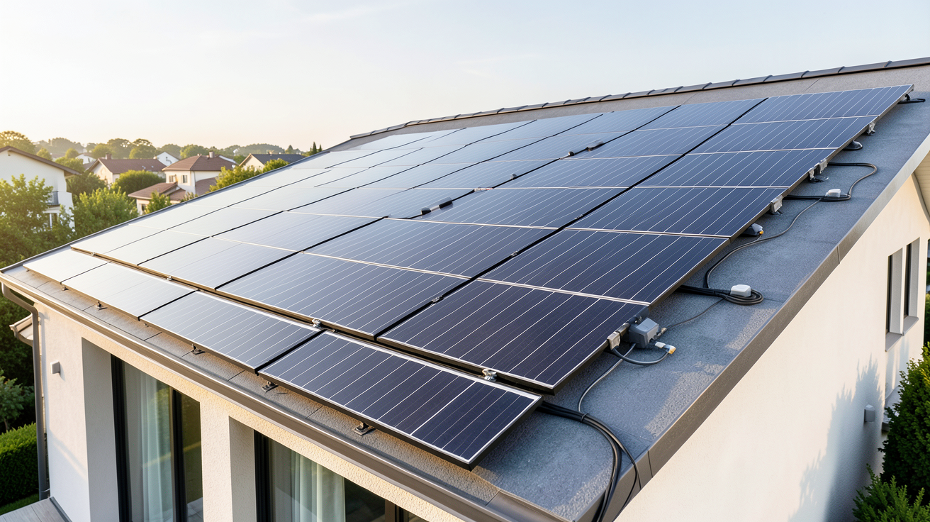 toiture panneau solaire prix installation 2026 sur une maison moderne avec des panneaux photovoltaïques noirs et des câbles apparents