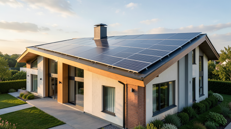 toiture équipée de panneaux solaires sur une maison contemporaine