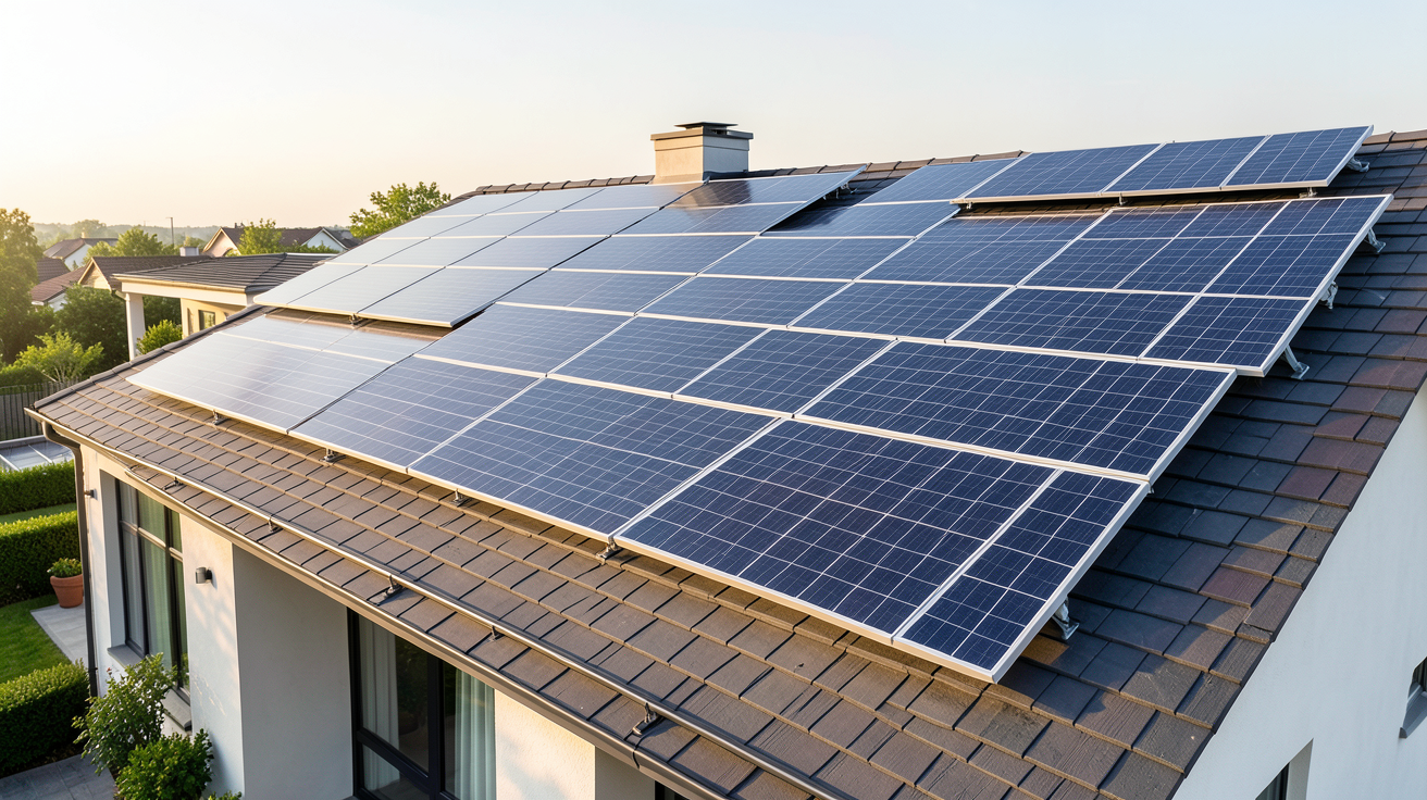 toiture équipée de différents types de panneaux solaires (monocristallins, polycristallins et tuiles solaires) sur une maison moderne