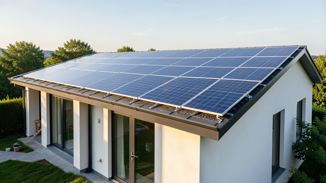toiture photovoltaïque intégrée en cours d'installation sur une maison moderne avec des panneaux solaires alignés