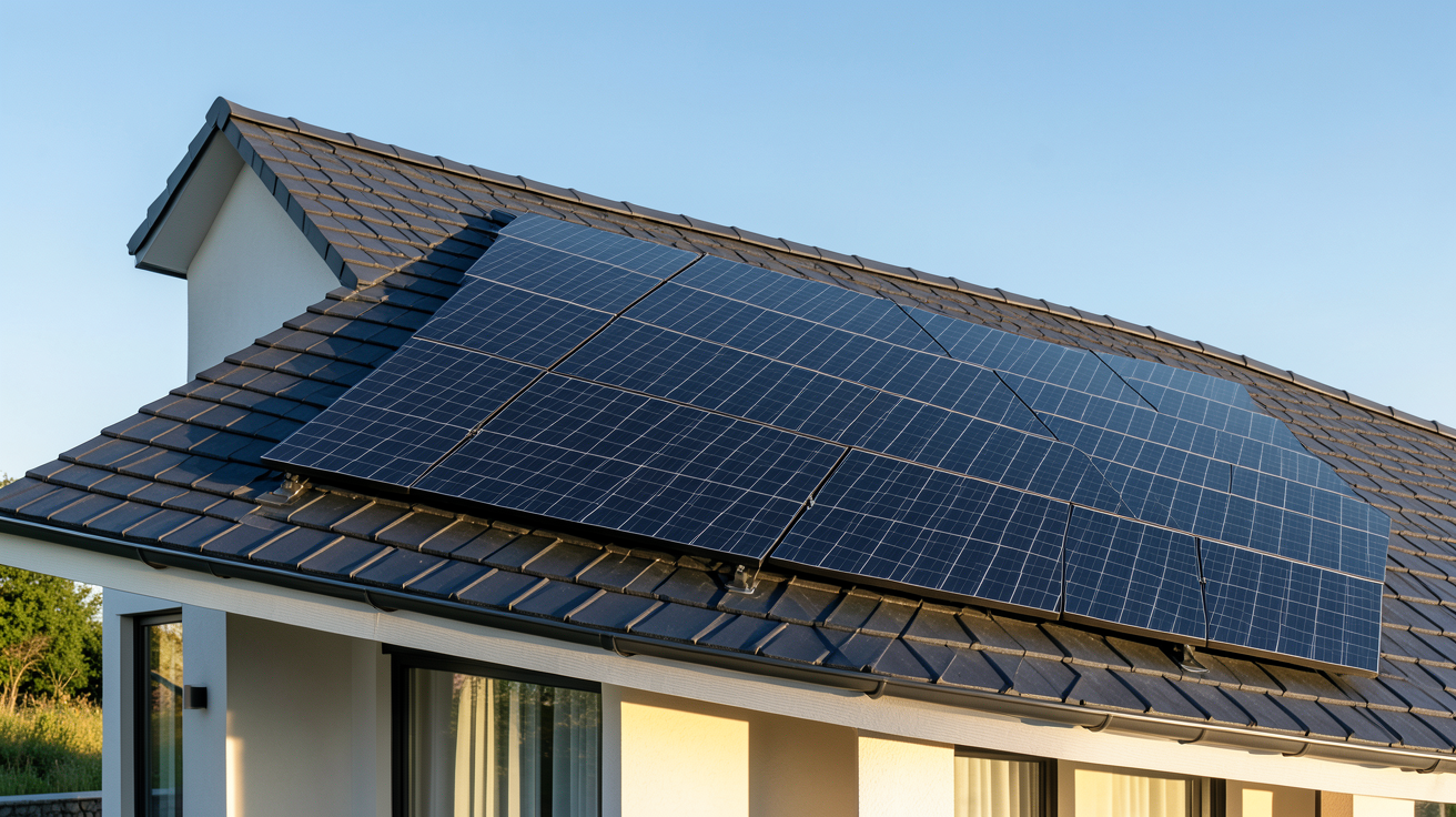 toiture photovoltaïque intégrée sur une maison contemporaine avec panneaux solaires noirs alignés aux tuiles
