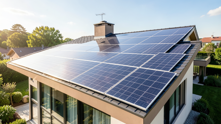 toiture photovoltaïque intégrée sur le toit d'une villa moderne et élégante