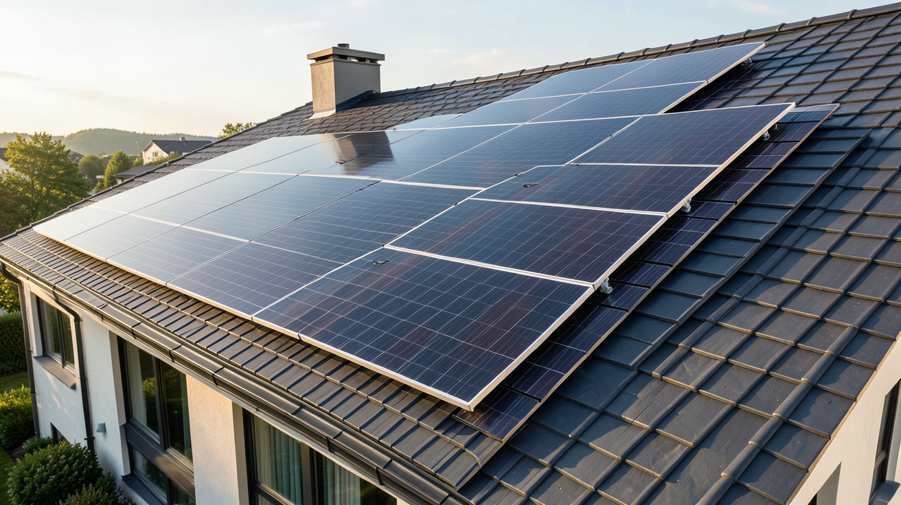 toiture photovoltaïque intégrée sur une maison contemporaine avec des panneaux solaires noirs parfaitement alignés