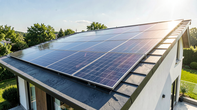 toiture photovoltaique installée sur le toit d'une maison moderne sous un ciel clair