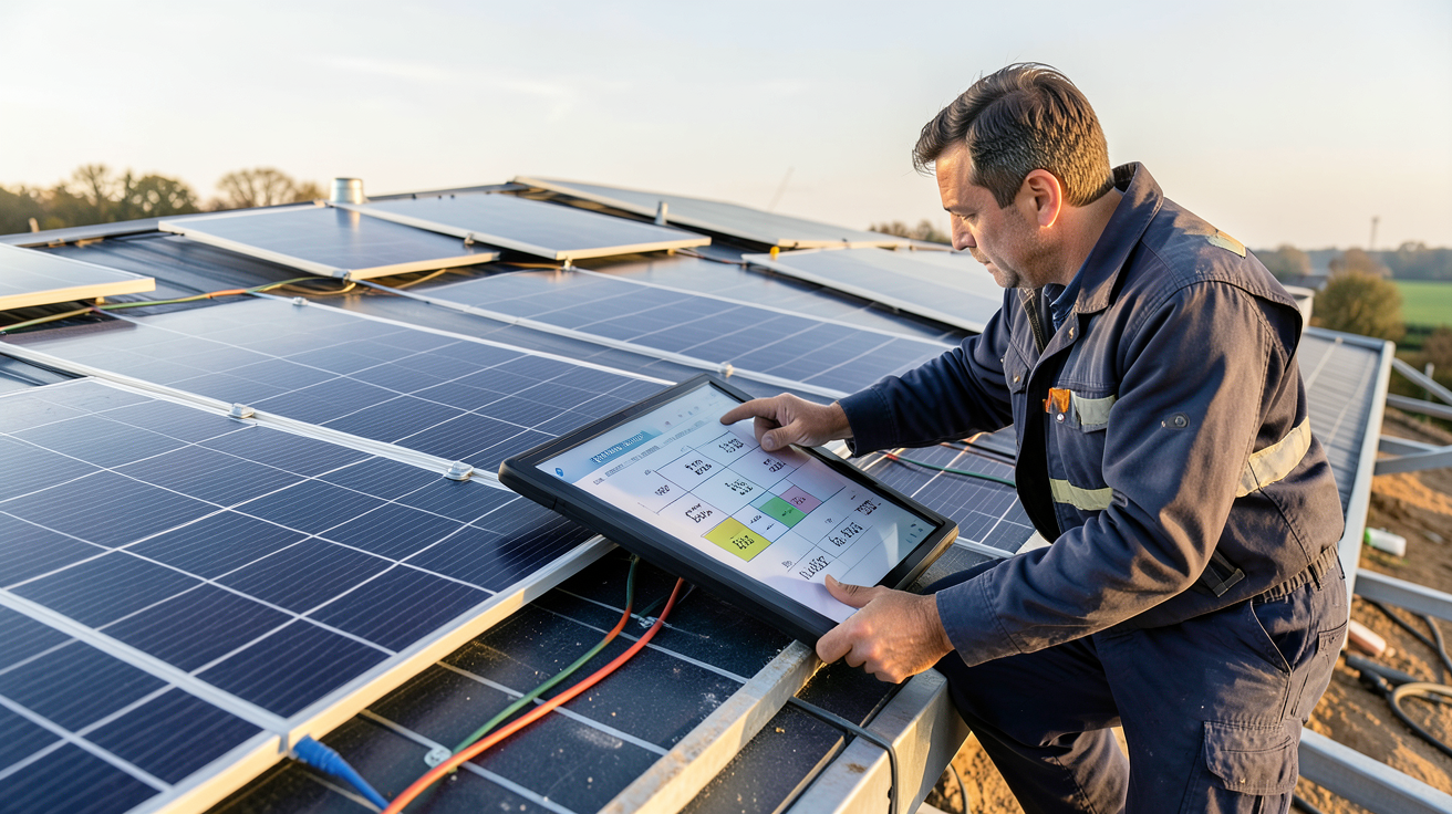 toiture photovoltaïque en installation avec professionnel vérifiant le prix au mètre carré