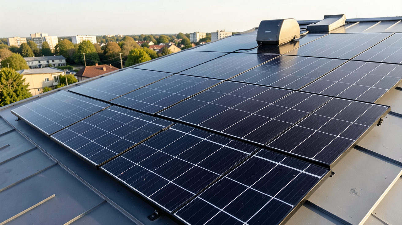toiture photovoltaïque prix m2 : grille tarifaire détaillée pour 2026 affichée sur un écran numérique à côté d'une installation solaire
