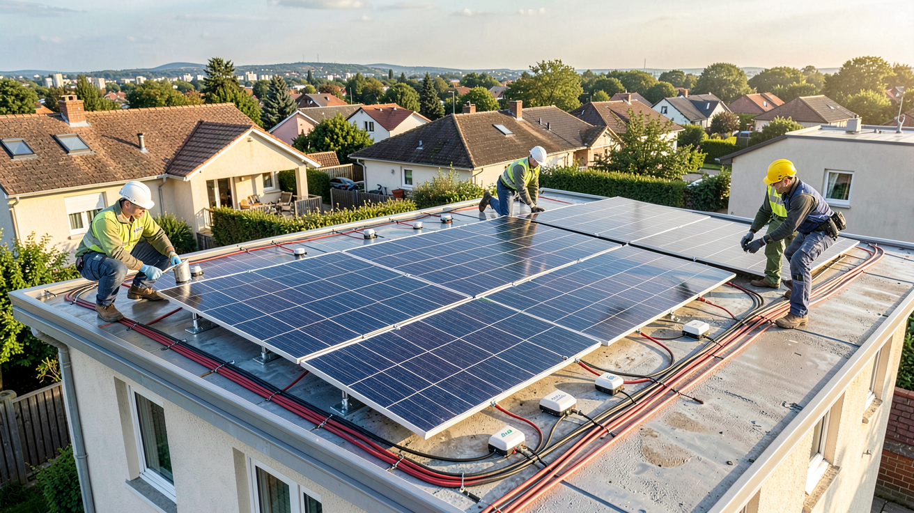 total energie panneau photovoltaique installation de panneaux solaires par des techniciens sur un toit résidentiel