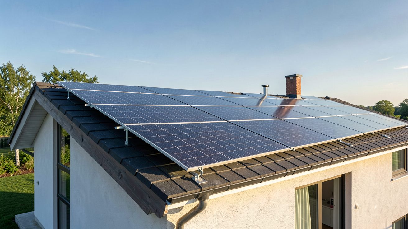 total energie panneau photovoltaique installation sur toit de maison individuelle avec ciel dégagé