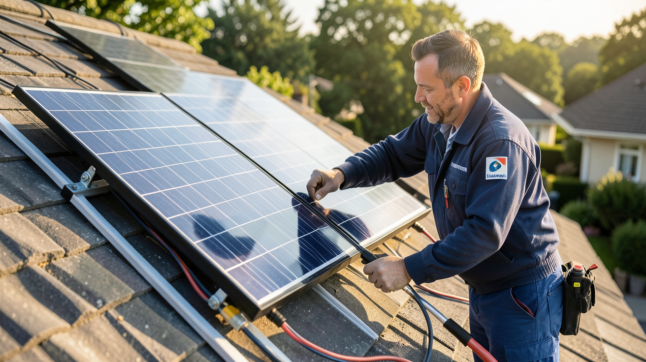 total energie panneau solaire : technicien en train d'installer un panneau photovoltaïque sur un toit résidentiel dans le cadre des étapes d'installation avec TotalEnergies