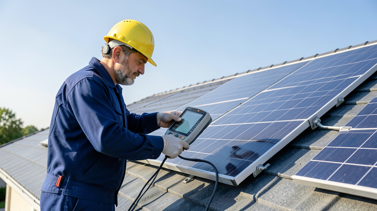 total energie panneau solaire : technicien analysant le potentiel solaire d'un toit résidentiel avec un appareil de mesure