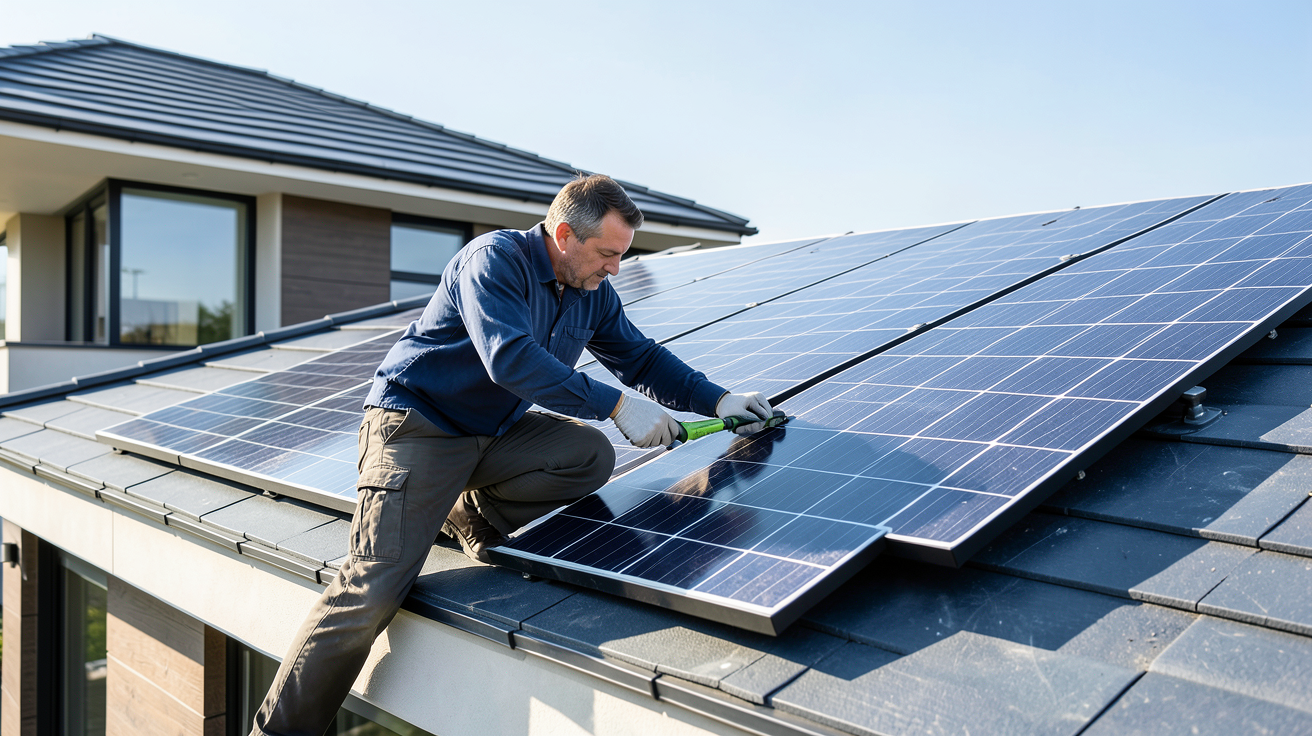 total energie photovoltaique illustré par l'installation de panneaux solaires sur un toit par un technicien