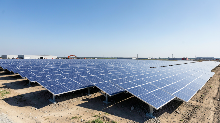 total energie photovoltaique champ de panneaux solaires sur le site industriel de Total, éclairage naturel, haute résolution