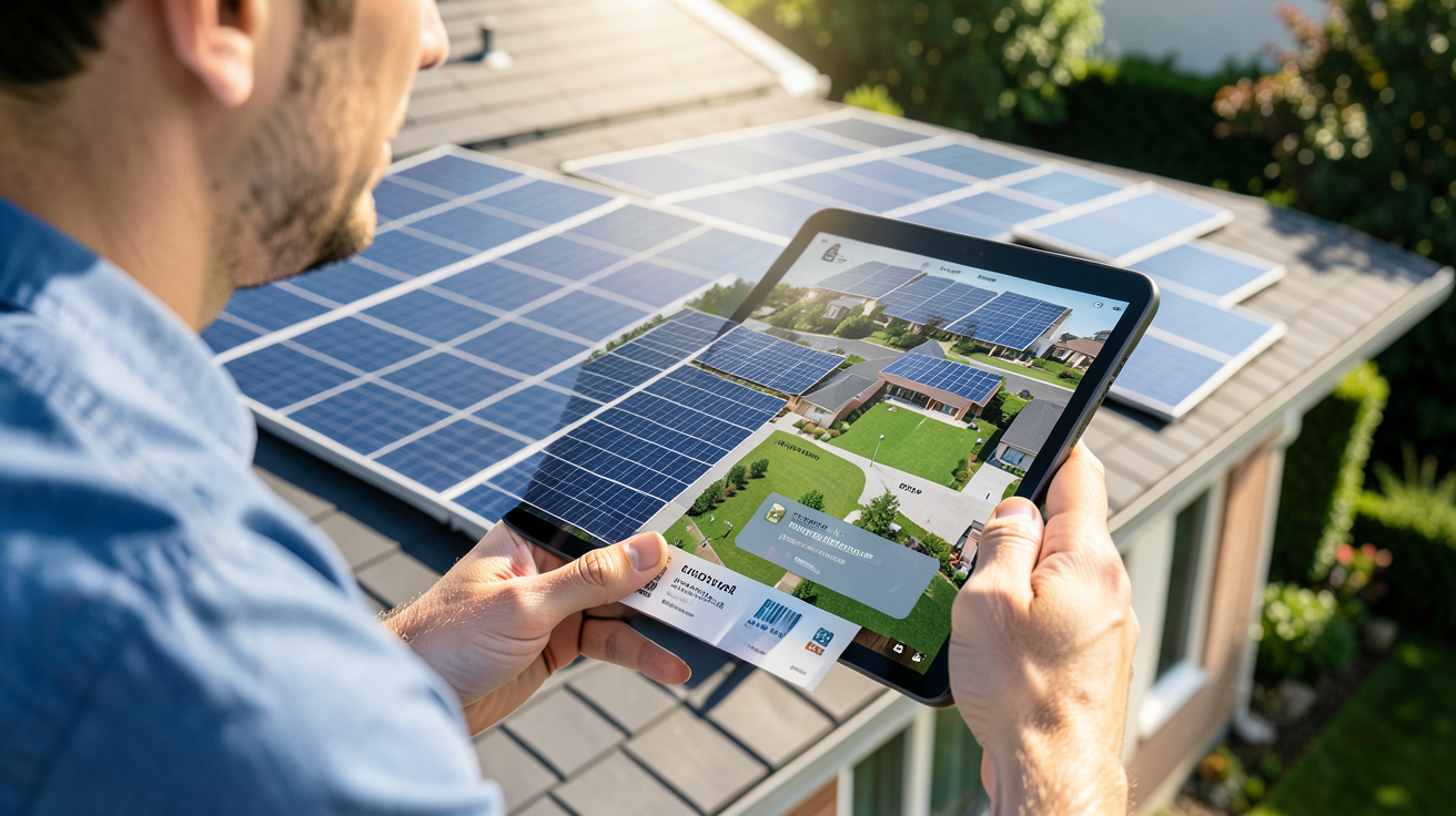 total energie photovoltaique : une personne utilisant une tablette pour simuler le potentiel solaire et la rentabilité d'une maison.