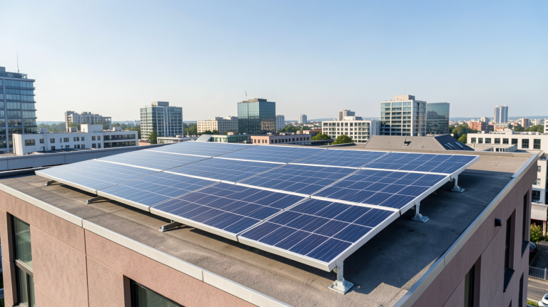 total energie solaire installation de panneaux solaires sur le toit d'une maison en ville avec ciel bleu clair