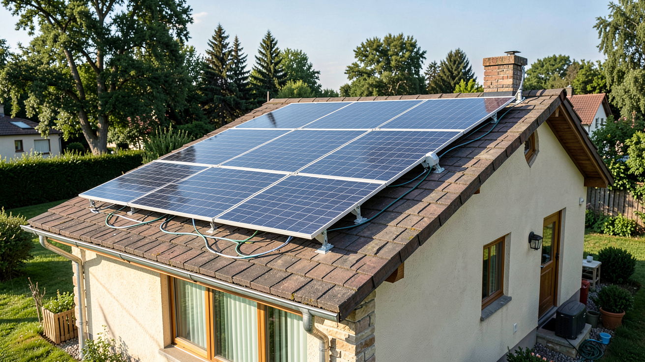 total panneaux solaires en cours d'installation sur le toit d'une maison résidentielle