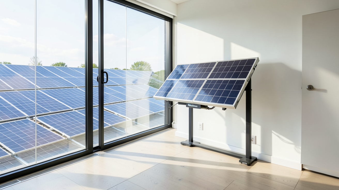 totalenergies panneau solaire : batterie Beem de TotalEnergies stockant l'énergie solaire dans un intérieur moderne avec vue sur des panneaux solaires