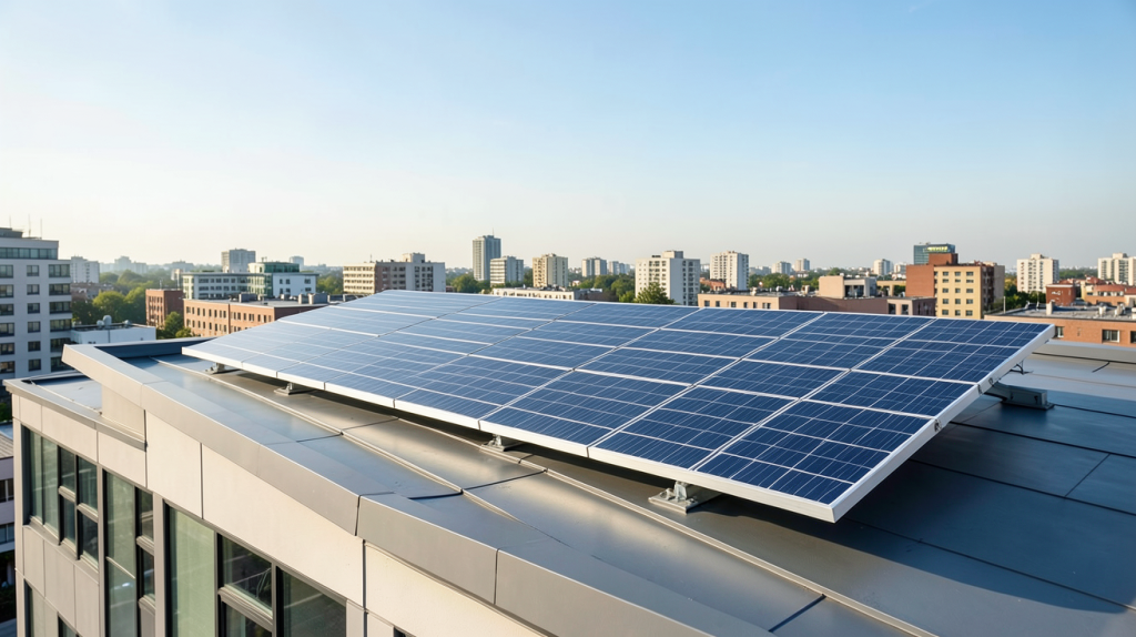 totalenergies panneau solaire installé sur le toit d'un immeuble moderne en ville