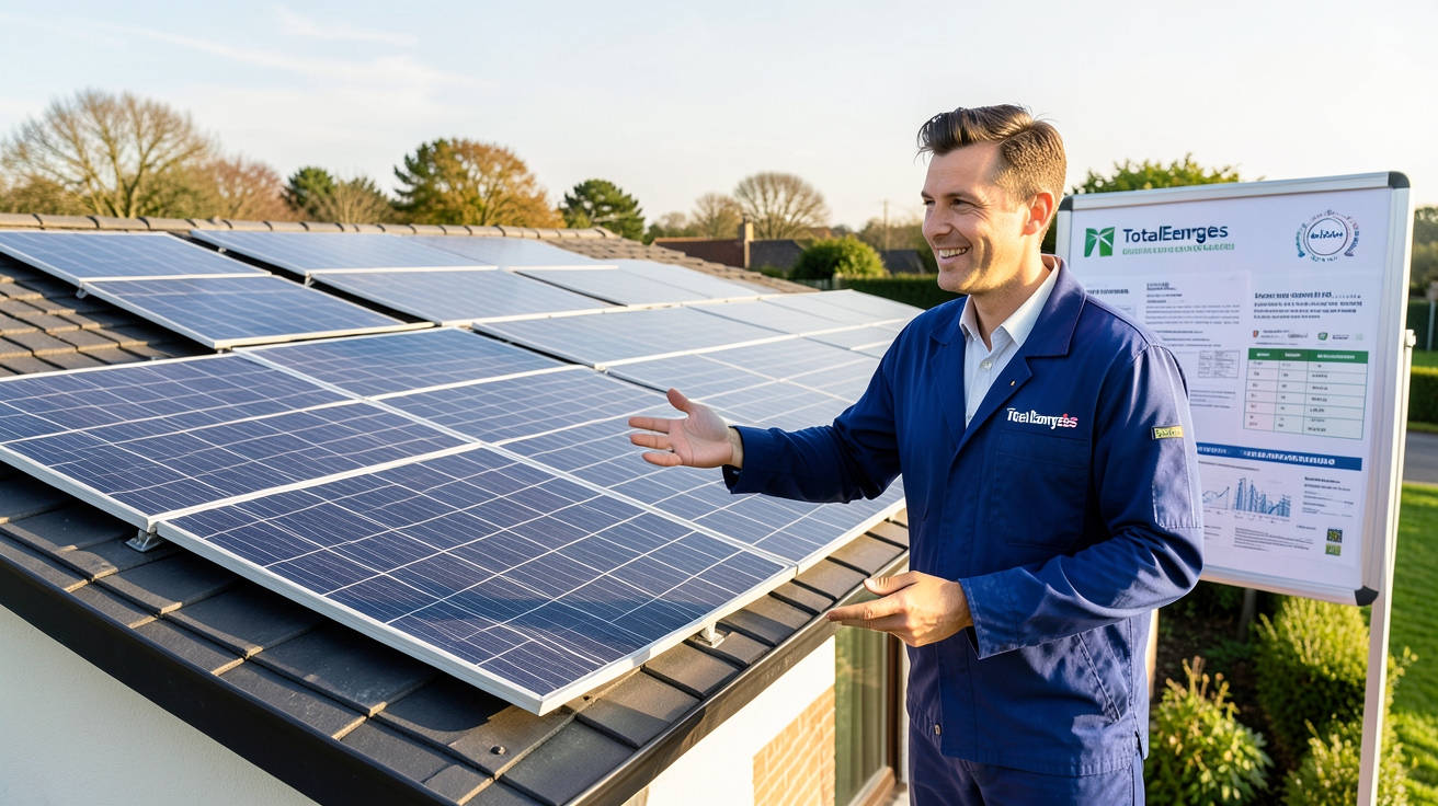 totalenergies panneaux solaires installation avec technicien expliquant les aides financières mobilisables