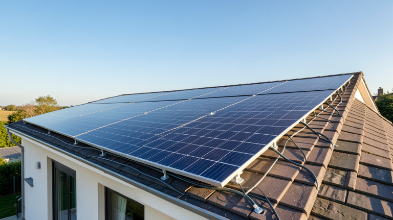 totalenergies panneaux solaires installés sur le toit d'une maison individuelle avec ciel dégagé