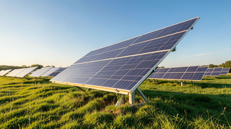 traqueur solaire moderne installé dans un champ ensoleillé avec des panneaux photovoltaïques inclinés