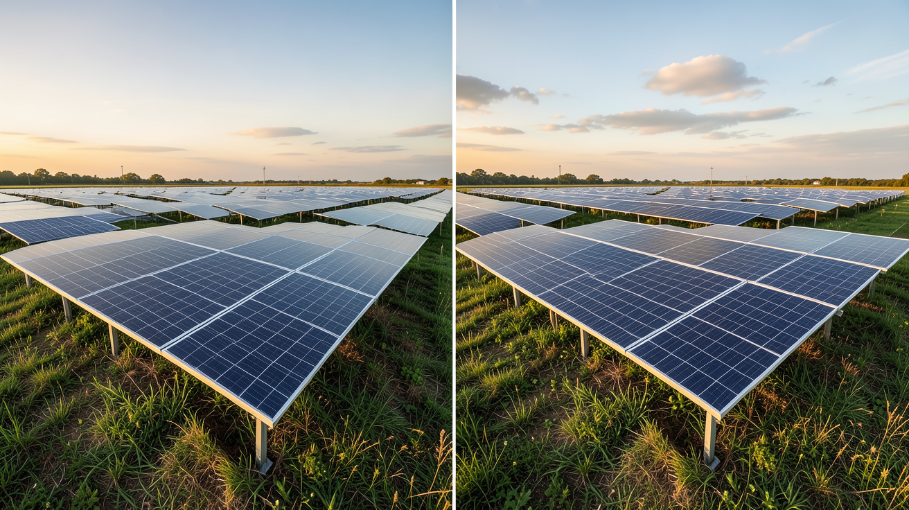 traqueur solaire mono-axe et bi-axe installés dans un champ de panneaux photovoltaïques