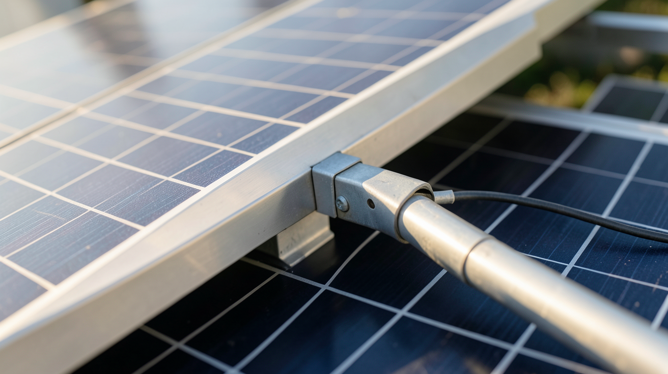 traqueur solaire en fonctionnement avec panneaux photovoltaïques inclinés et axe de rotation visible