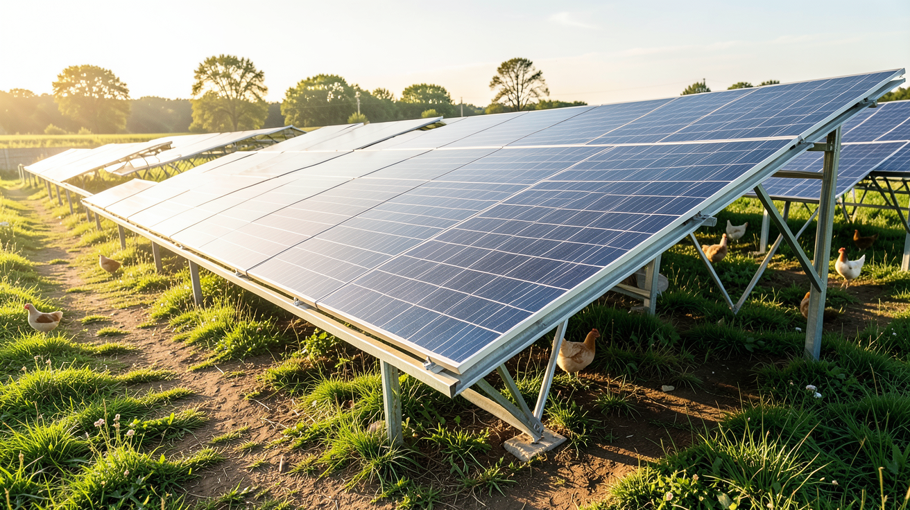 triangle solaire composé d'ombrières photovoltaïques installées au-dessus d'un parcours pour volailles