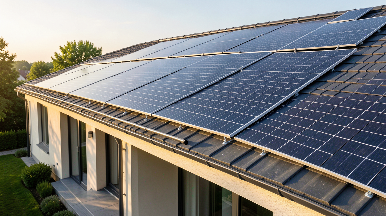 tuile panneau solaire installée sur une toiture de maison contemporaine