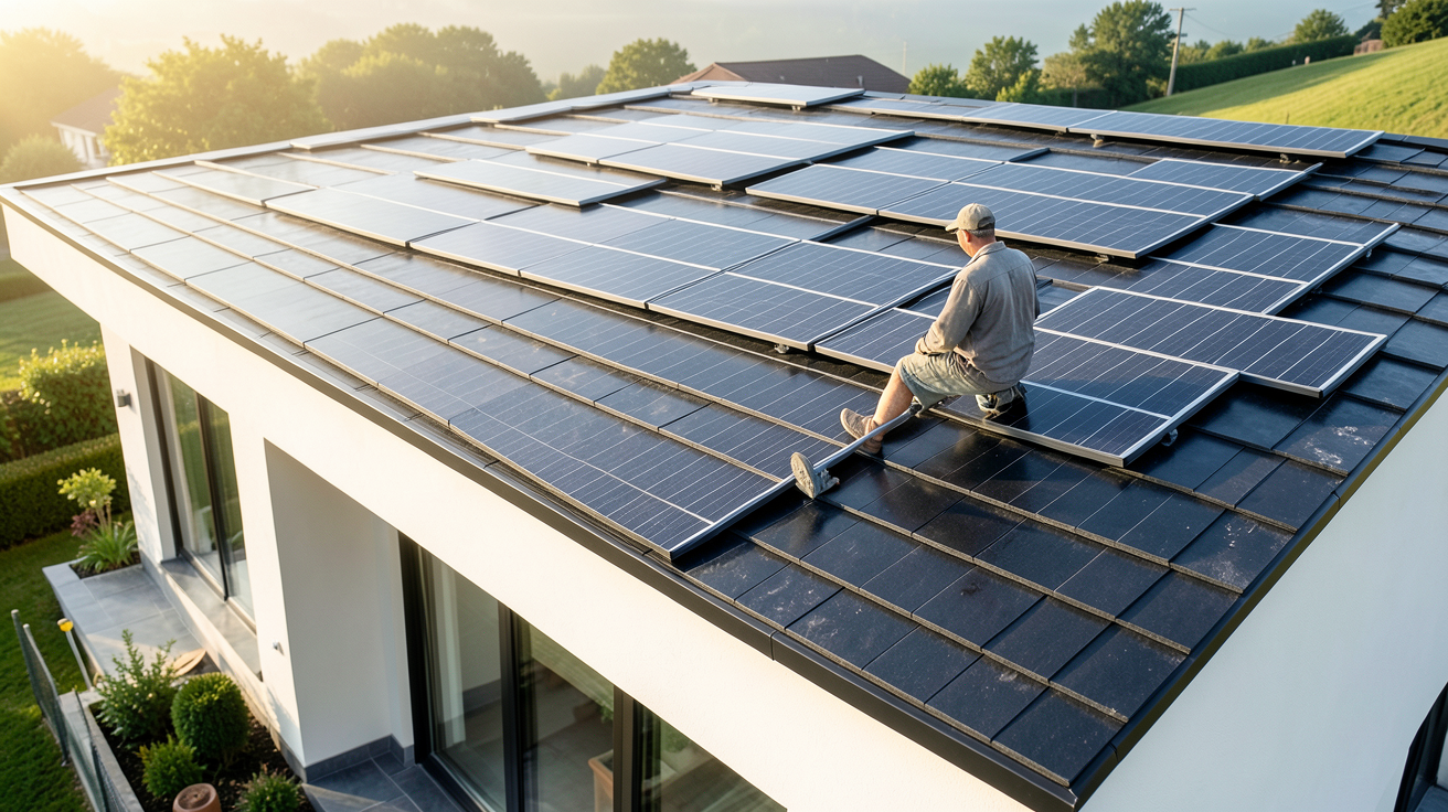 tuile photovoltaïque Imerys en cours d'installation par un professionnel sur le toit d'une maison moderne