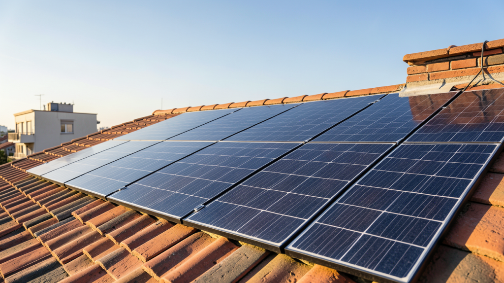 tuile photovoltaïque Imerys installée sur une toiture urbaine moderne