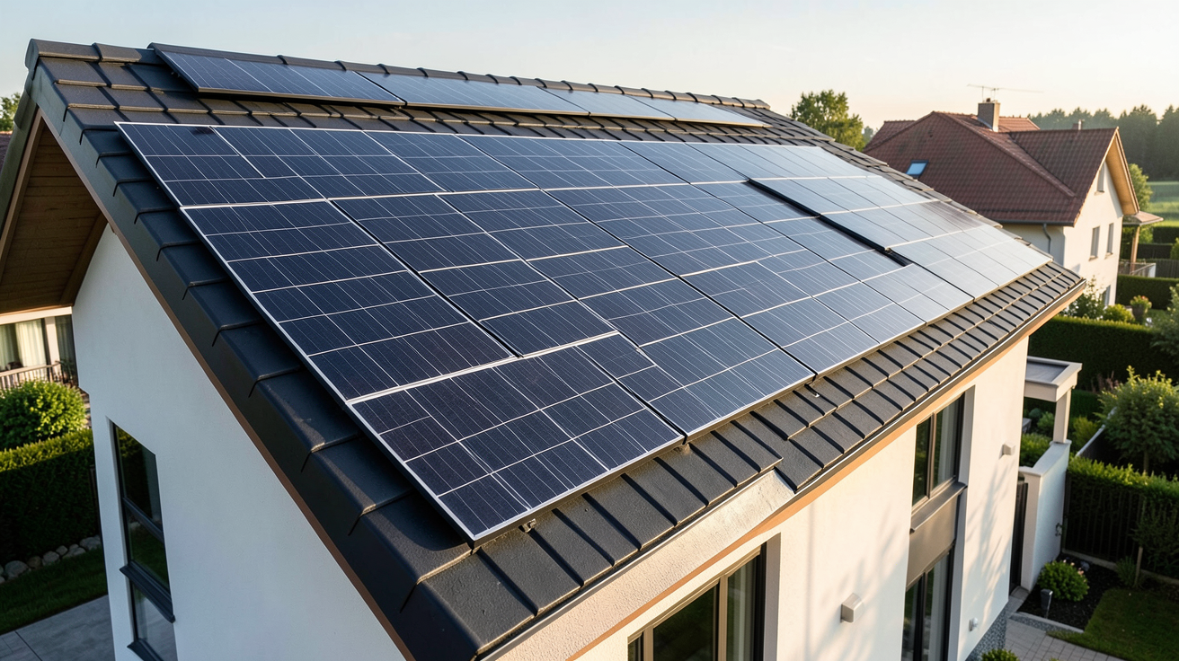 tuile photovoltaique noire intégrée sur une toiture de maison moderne