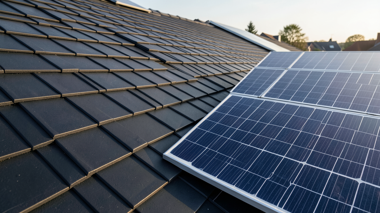 tuile photovoltaïque et panneaux solaires sur un toit moderne pour comparaison de prix et rendement