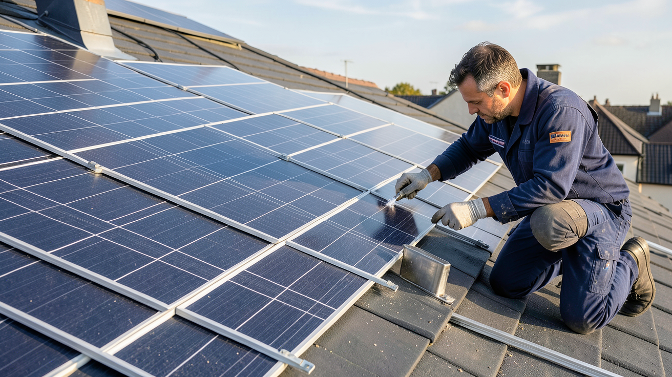 tuile photovoltaïque Saint Gobain en cours d'installation sur un toit avec un artisan en action