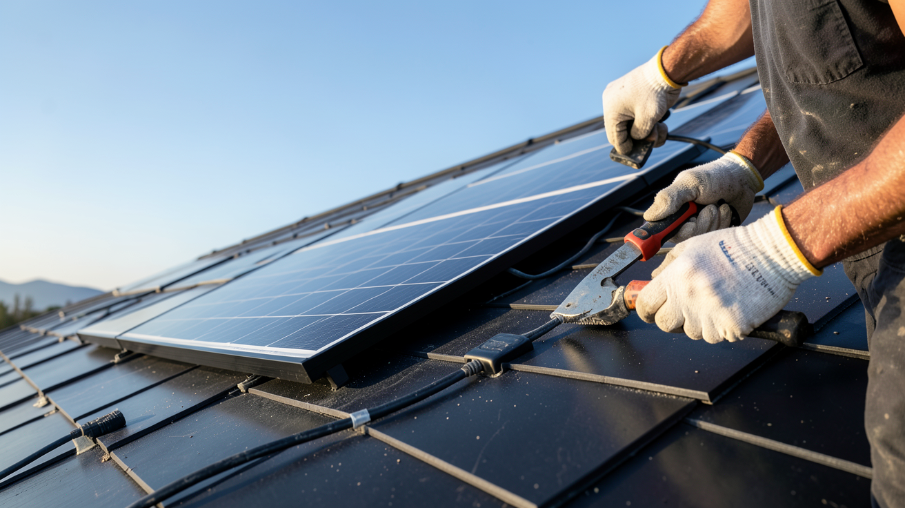 tuile photovoltaïque Terreal lors des étapes d'installation sur une toiture